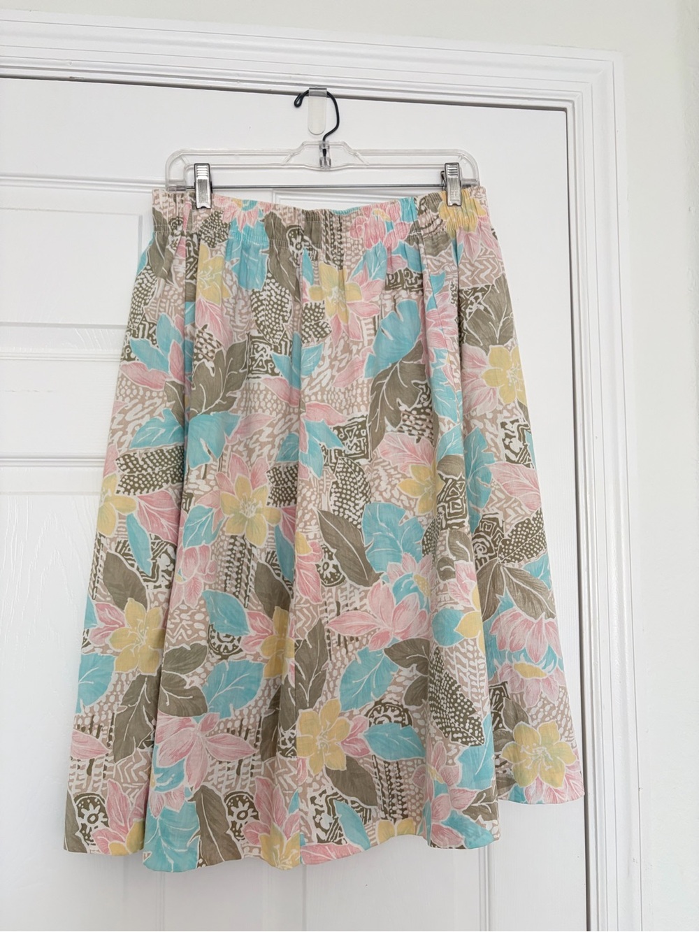 Floral A-Line Midi Skirt in Pastel Blue, Pink & Yellow
